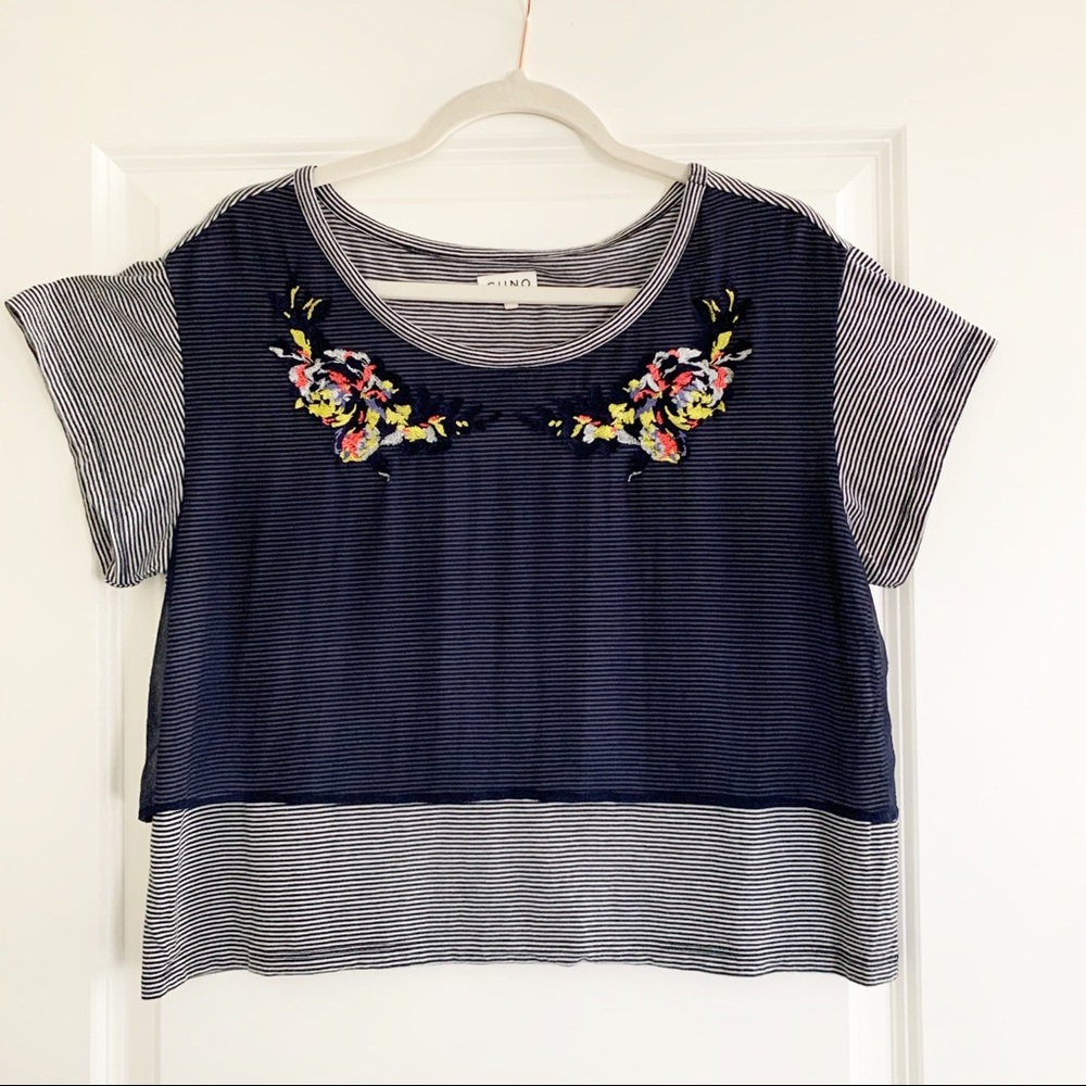 SUNO Crop Top Embroidered Silk Overlay Striped S